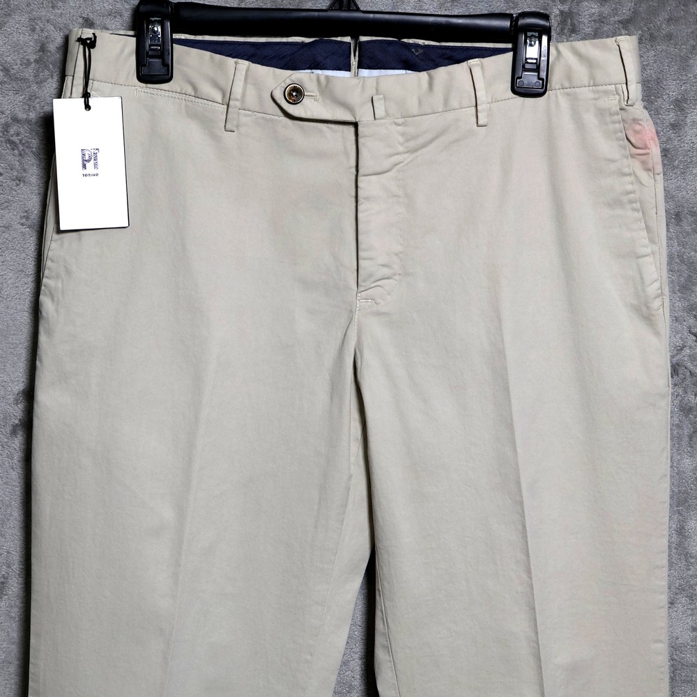 PT Torino Pants Mens 32x35 Beige Tan Slim Fit Chino Pleated Trousers Preppy FLAW - Picture 2 of 14